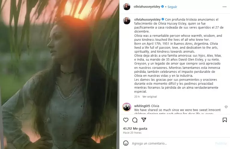 Desde el perfil de Instagram de Olivia Hussey, sus familiares comunicaron la lamentable noticia. (Foto: Instagram / oliviahusseyeisley)
