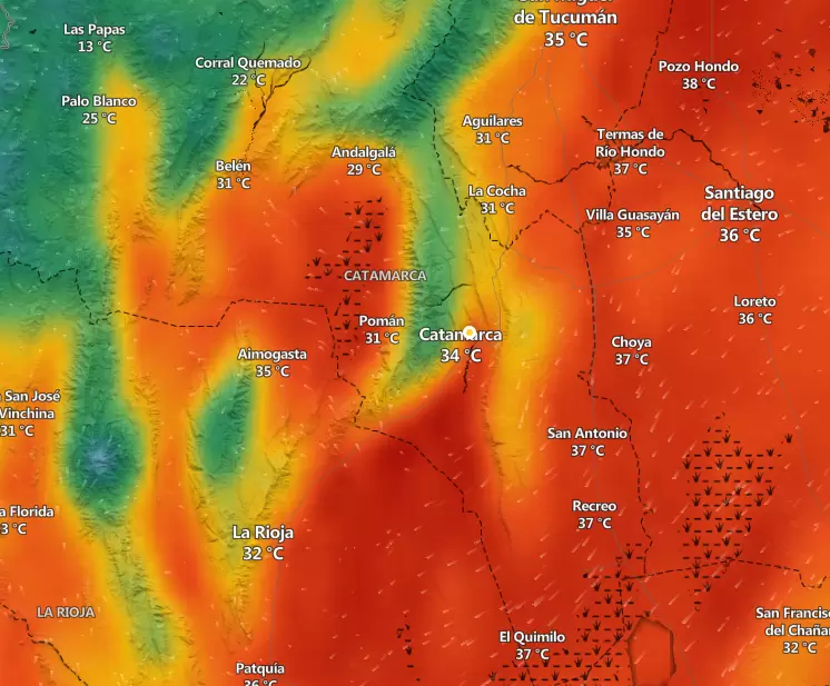 Mapa de temperatura en Catamarca