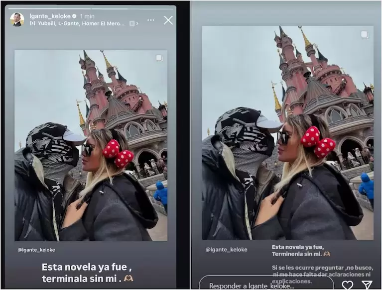 A la izquierda, la primera historia que L-Gante subi sobre Wanda Nara y que luego borr para corregirla. (Foto: Instagram/estefaniaberardi - lgante_k