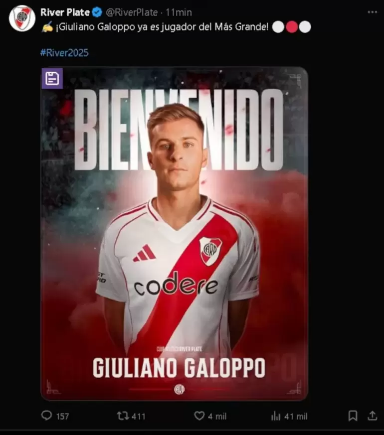 Giuliano Galoppo fue oficializado como nuevo refuerzo de River. (River TW)