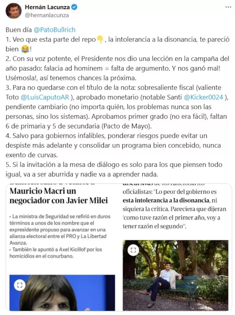 El extitular del Palacio de Hacienda, Hernn Lacunza, sali al cruce de la ministra de Seguridad, Patricia Bullrich. (Foto: captura X @hernanlacunza)