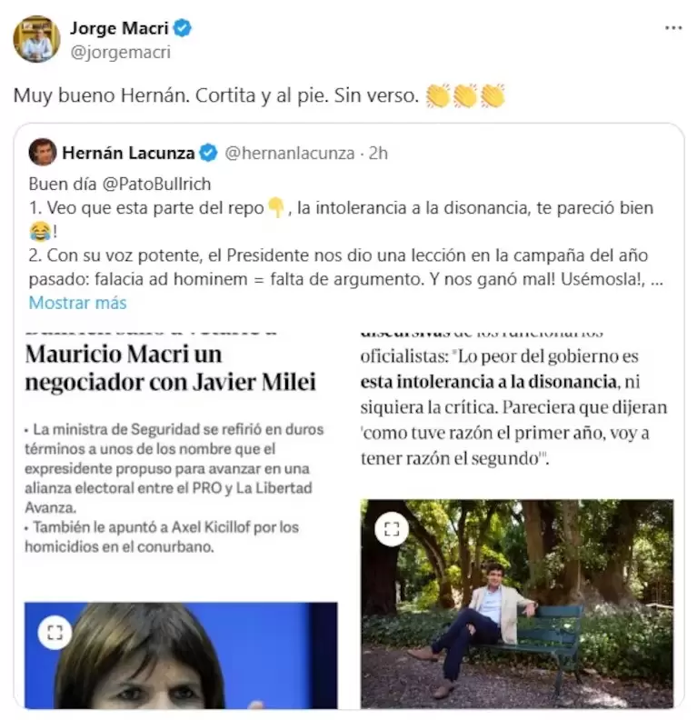 El jefe de gobierno porteo, Jorge Macri, respald al extitular del Palacio de Hacienda, Hernn Lacunza, en su cruce a la ministra de Seguridad, Patri