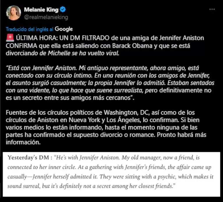 Una supuesta amiga de la actriz habra dado a conocer la relacin con el expresidente de los EE.UU. (Captura: X/@realmelanieking)