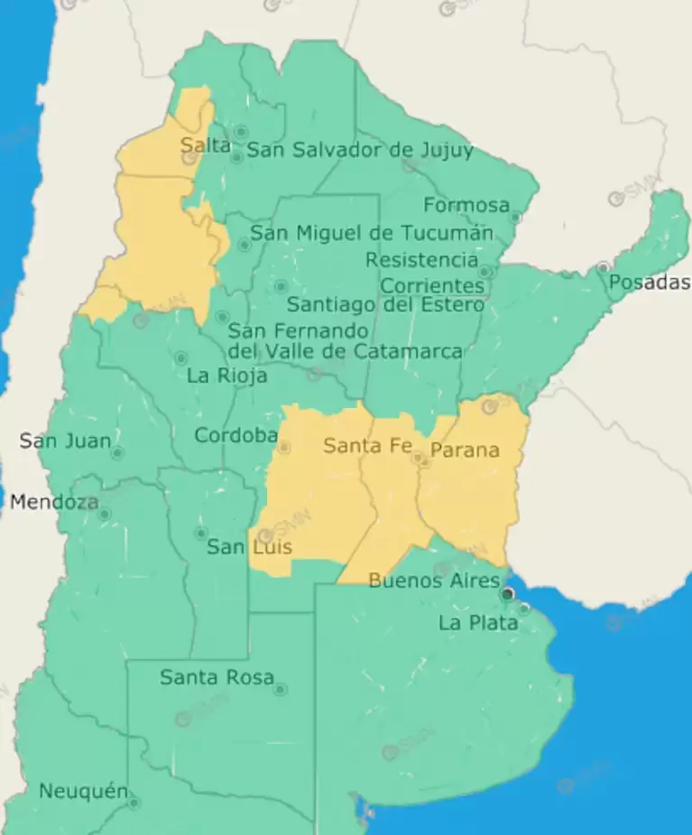 Alerta amarilla por tormentas en 8 provincias (Captura SMN).
