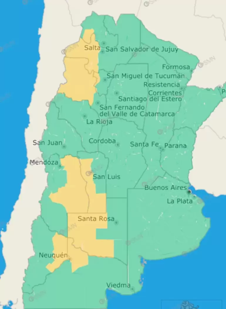 El mapa de la alerta amarilla por tormentas (Captura SMN).