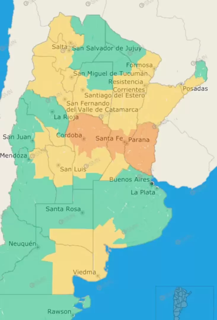 Alerta amarilla y naranja por tormentas en casi todo el pas (Captura SMN).