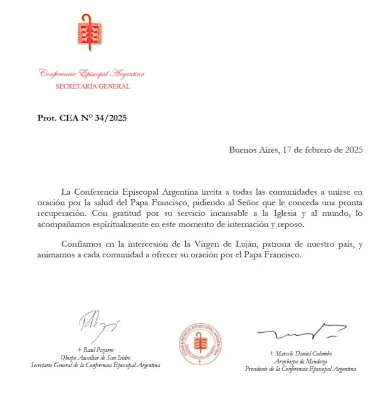 Conferencia Episcopal Argentina sobre la salud del Papa