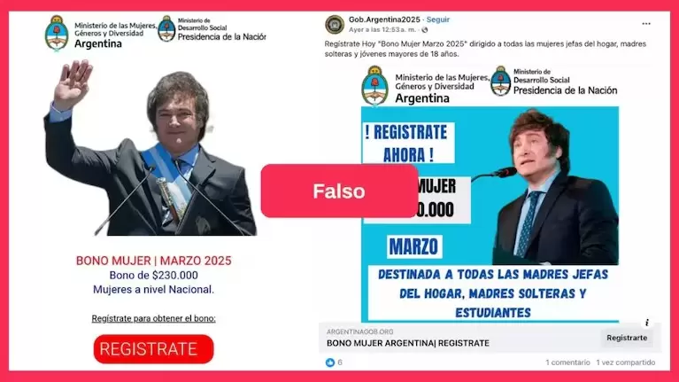 As es la estafa del "Bono Mujer" que circula en redes sociales (Imagen: chequeado.com).