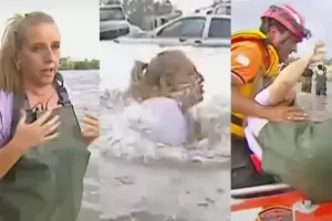 Video: una periodista se cay en plena cobertura del temporal en Baha Blanca