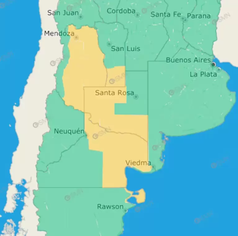 Hay alerta amarilla por tormentas en cinco provincias (Captura SMN).