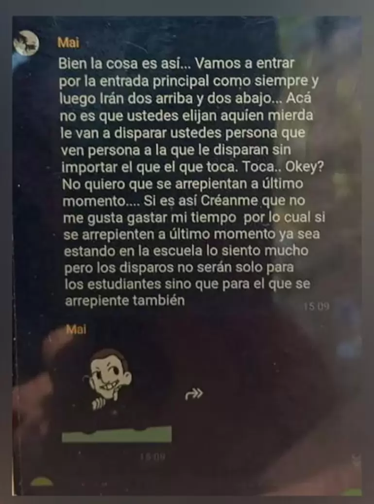 El amenazante mensaje que mandó una aluman en el grupo (Foto: Gentileza El Día de Escobar).