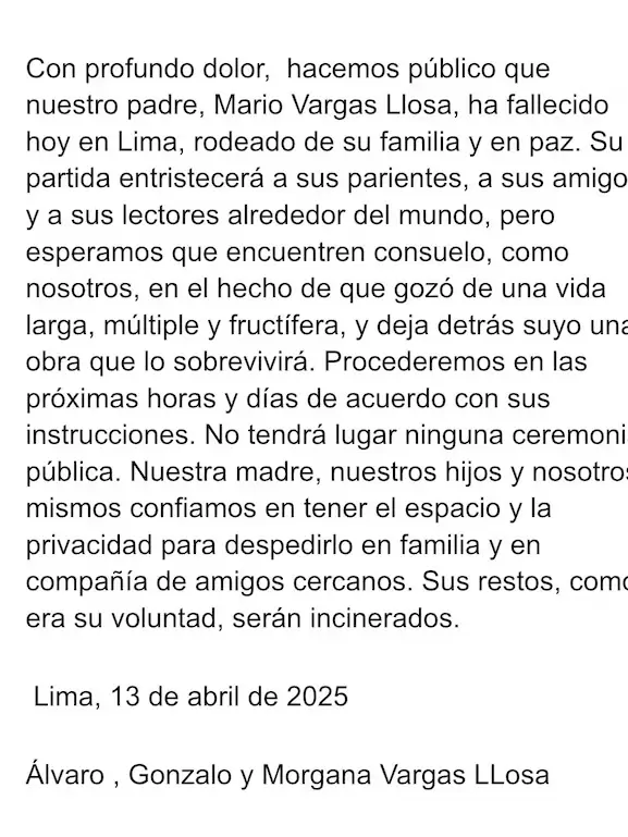 Comunicado de los hijos de Mario Vargas Llosa.