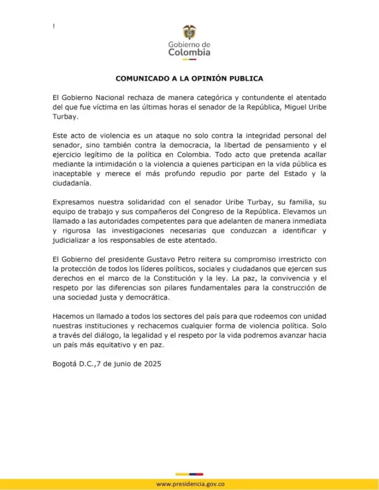 El comunicado del gobierno colombiano sobre el atentado a Miguel Uribe Turbey. (Foto: X/infopresidencia)