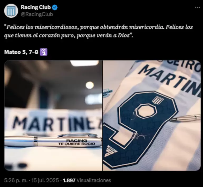 El posteo de Racing para anunciar la renovacin de Maravilla Martnez con un pasaje de la Biblia. (Foto: Captura @RacingClub)
