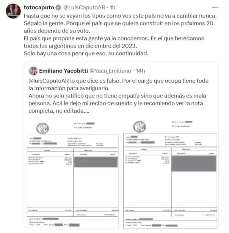 El cruce entre Caputo y Yacobitti. (Foto: X / @LuisCaputoAR)