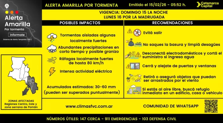 Alerta amarilla por tormentas en Catamarca: cuáles serán las zonas afectadas