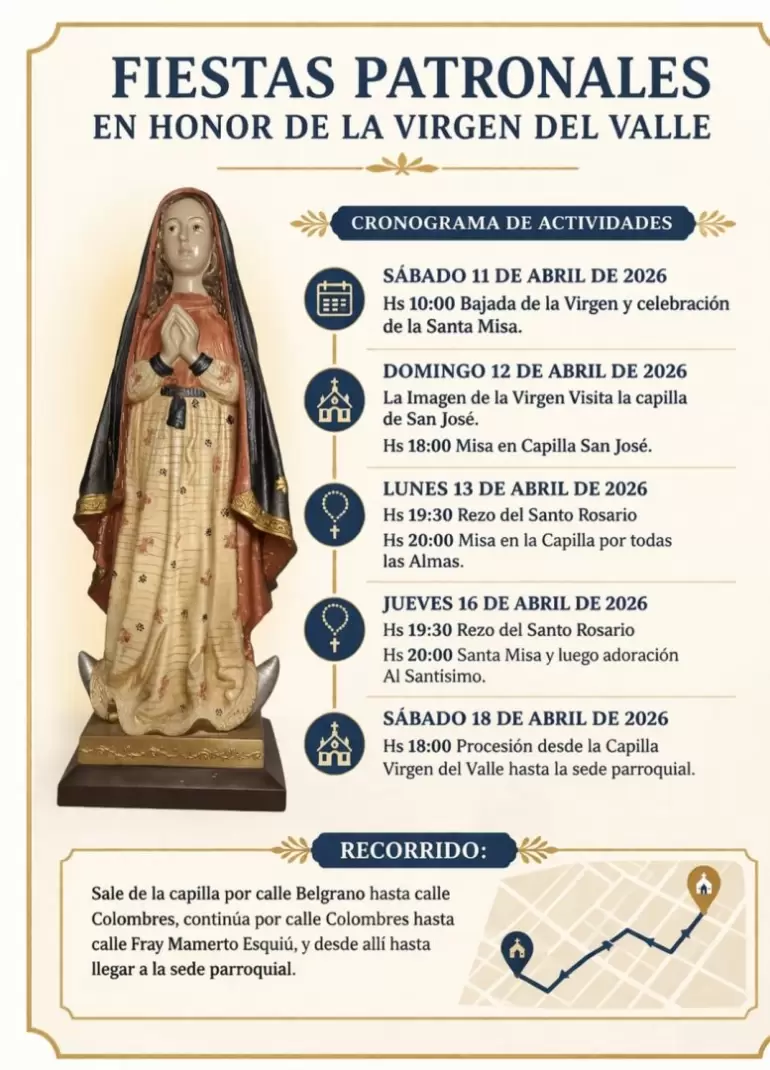 Recreo celebra las fiestas patronales de la Virgen del Valle con procesión y misas en el barrio San Martín