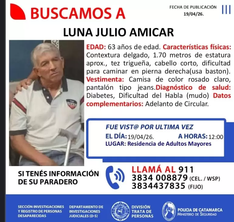 Buscan intensamente a un hombre de 63 a�os desaparecido en Catamarca
