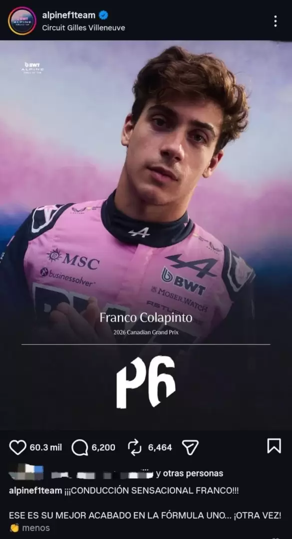 El posteo de Alpine tras el sexto puesto de Franco Colapinto en el GP de Canad�. (Foto: Captura AlpineF1Team/IG)