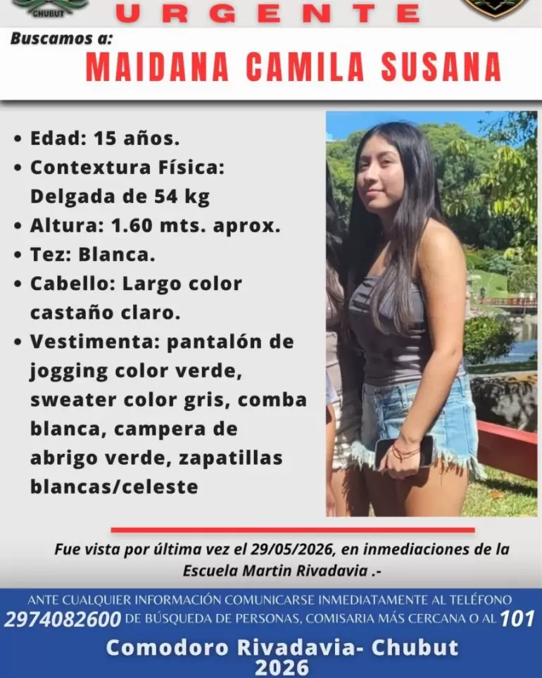 La adolescente fue vista por última vez el viernes 29 de mayo. (Foto: Policía de Chubut).