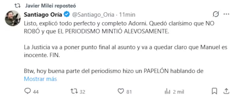 Milei sobre Adorni