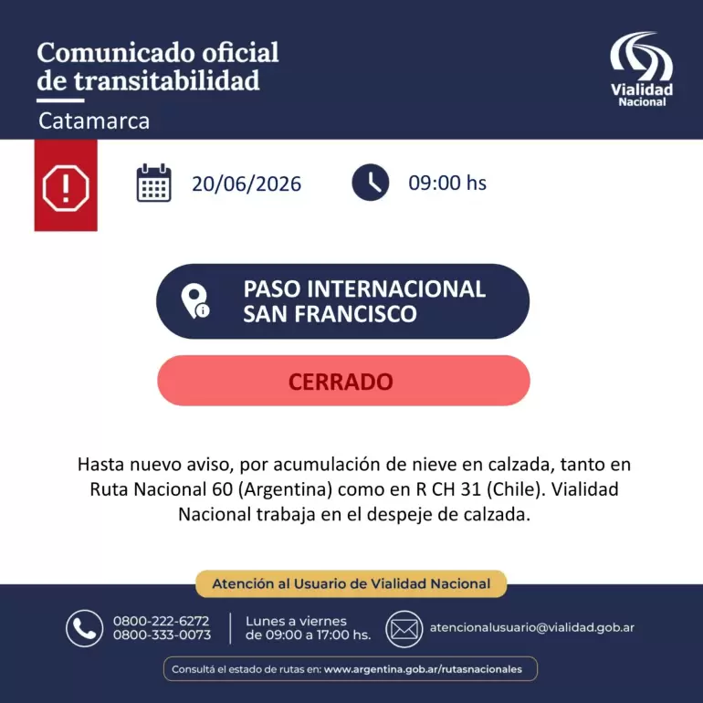 Paso Internacional San Francisco: permanece cerrado por acumulación de nieve
