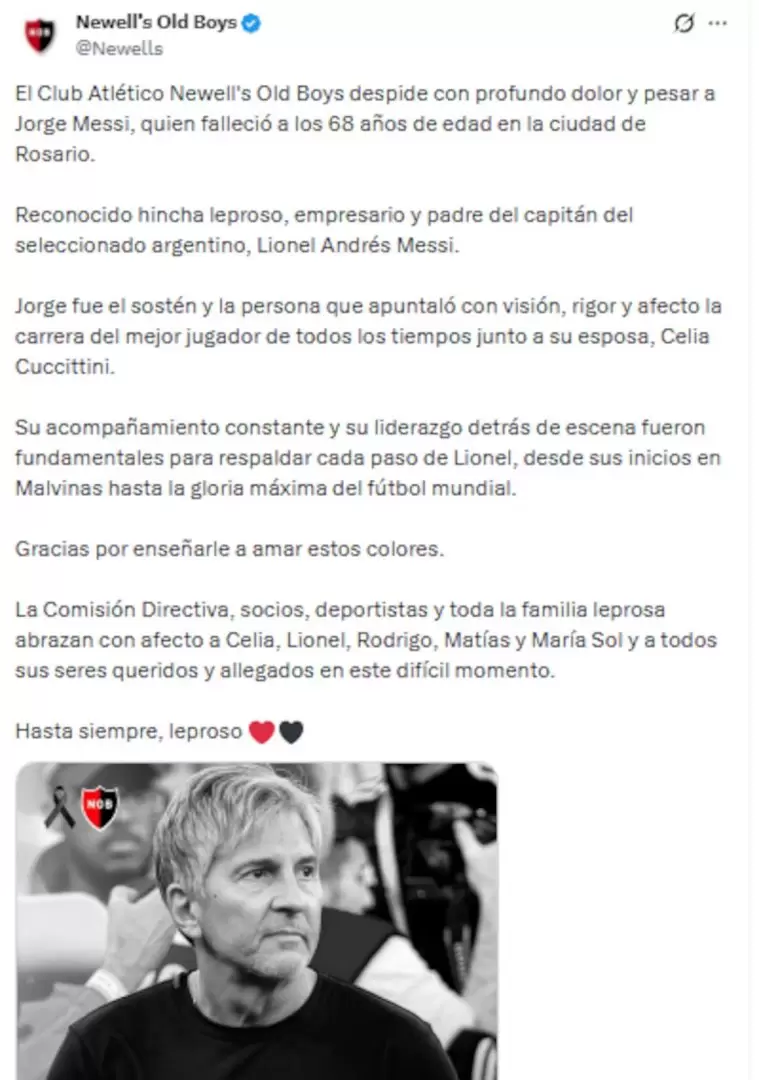 Los mensajes de los clubes argentinos para despedir a Jorge Messi (Fuente: X)