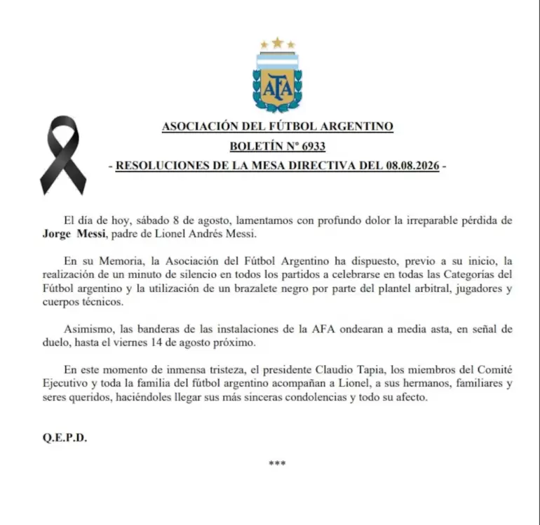 El boletín oficial publicado por la AFA. (Foto: AFA)