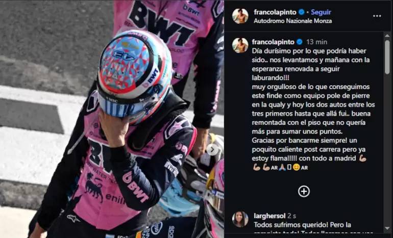 El posteo de Colapinto luego del GP de Italia (Foto: Instagram @francolapinto)