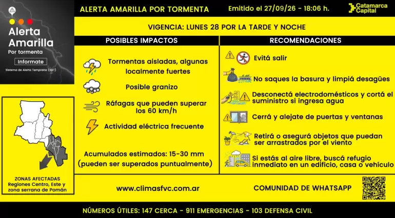 Alerta amarilla por tormentas para Capital durante el lunes