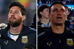 Las l�grimas de Messi y Scaloni durante la emocionante interpretaci�n del himno de un excombatiente