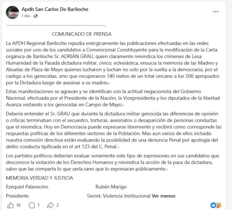 Denunciaron a un candidato de Bariloche por publicaciones que reivindican a Videla