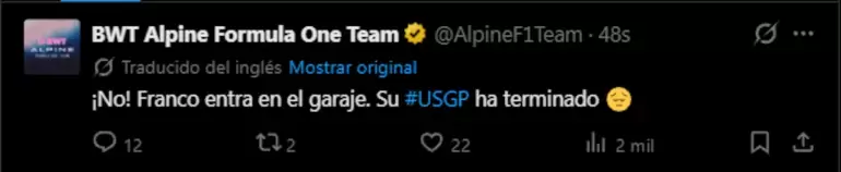 Alpine reaccion� al abandono de Colapinto en el GP de Estados Unidos