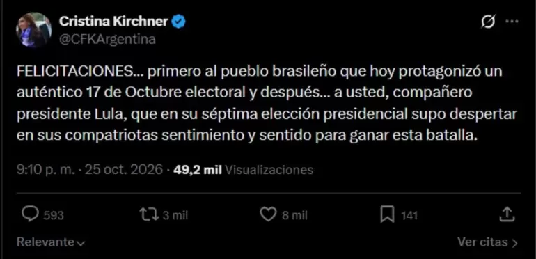 Cristina Kirchner felicitó a Lula da Silva tras su triunfo en el balotaje ante Flávio Bolsonaro.